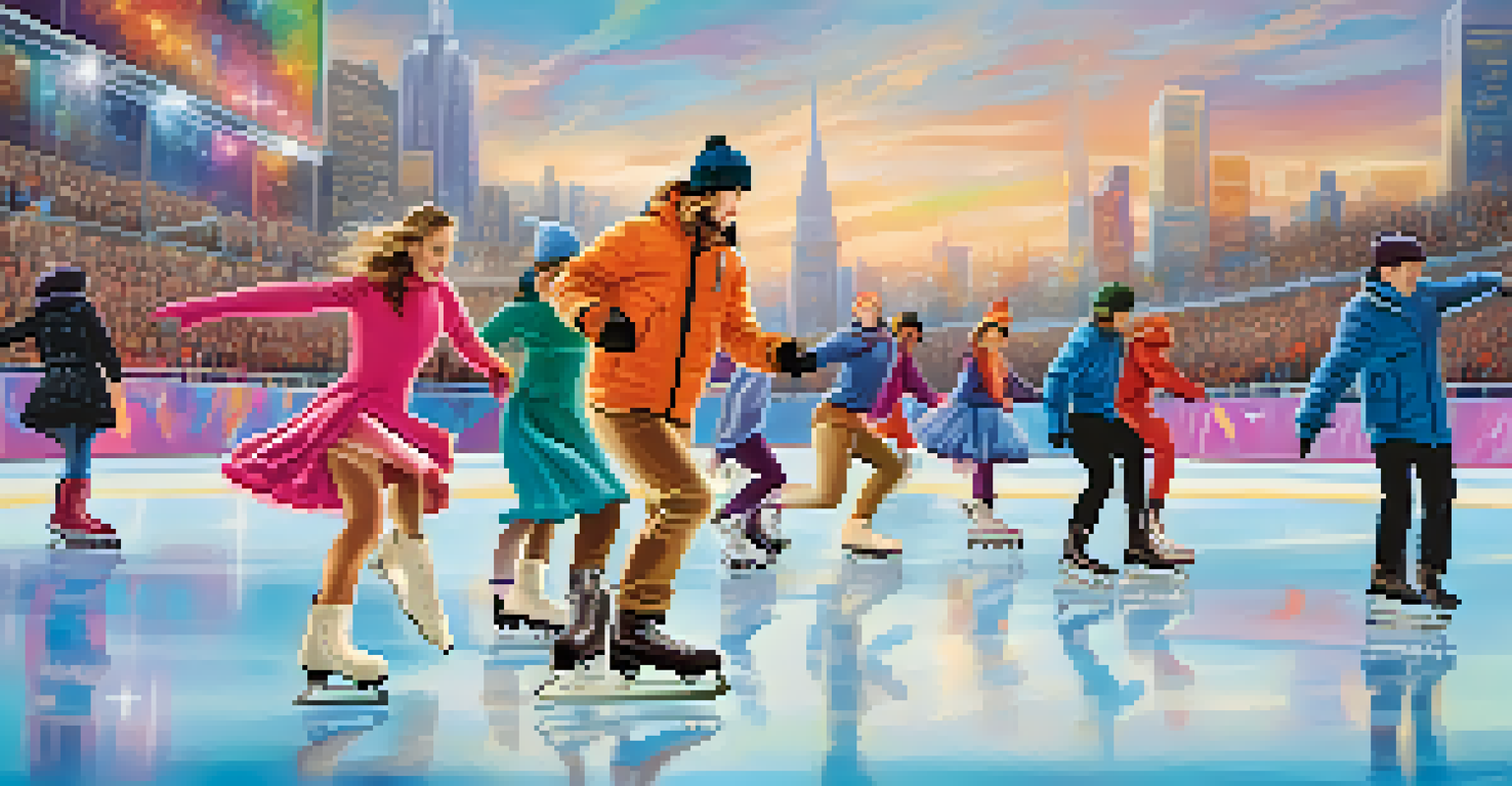 A diverse group of modern skaters in eco-friendly outfits performing on a contemporary rink with digital displays.