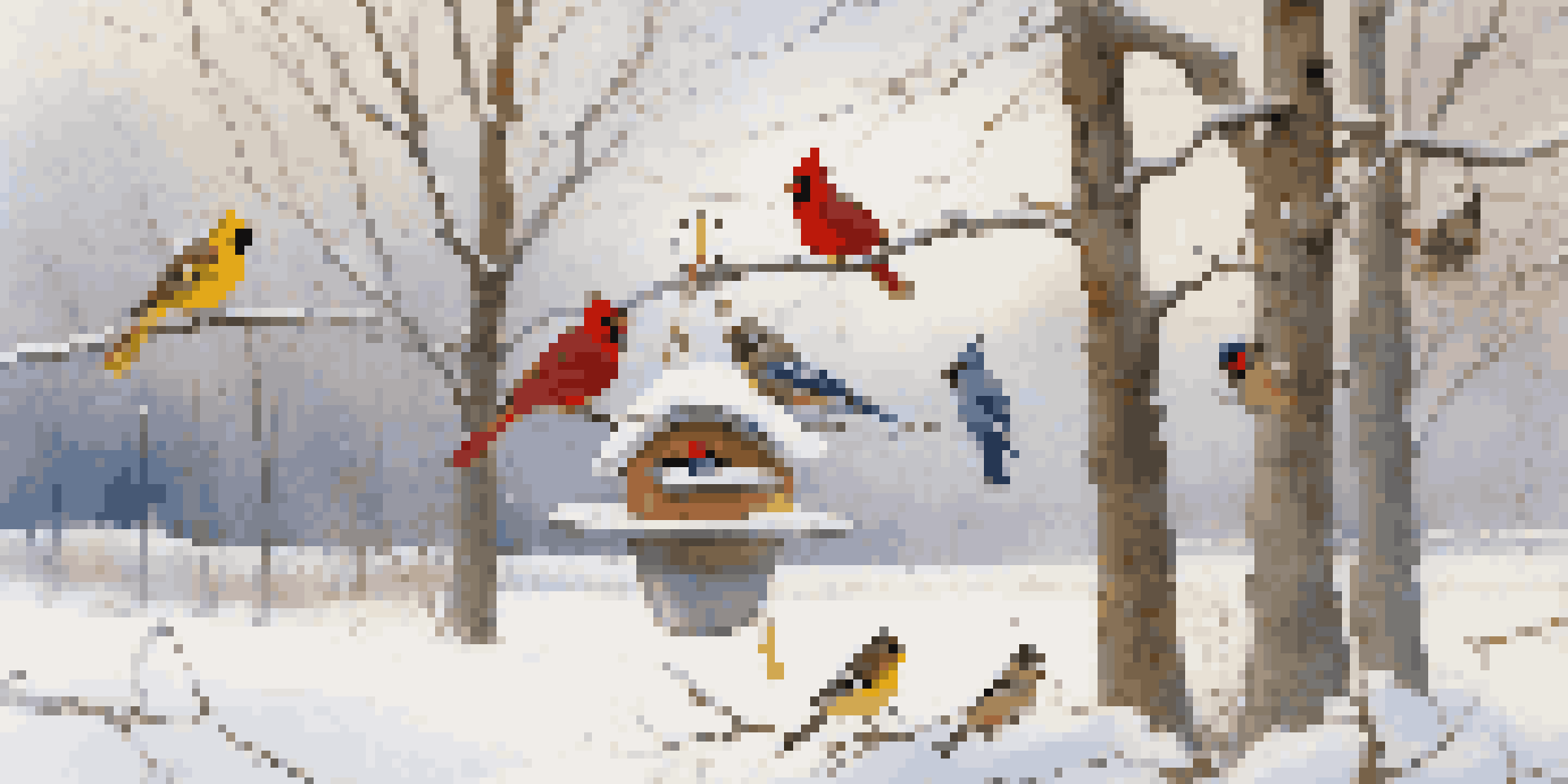 A winter landscape with various birds feeding at a bird feeder surrounded by snow.