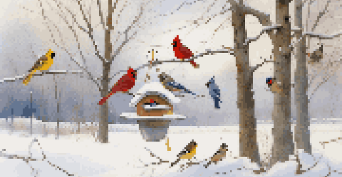A winter landscape with various birds feeding at a bird feeder surrounded by snow.