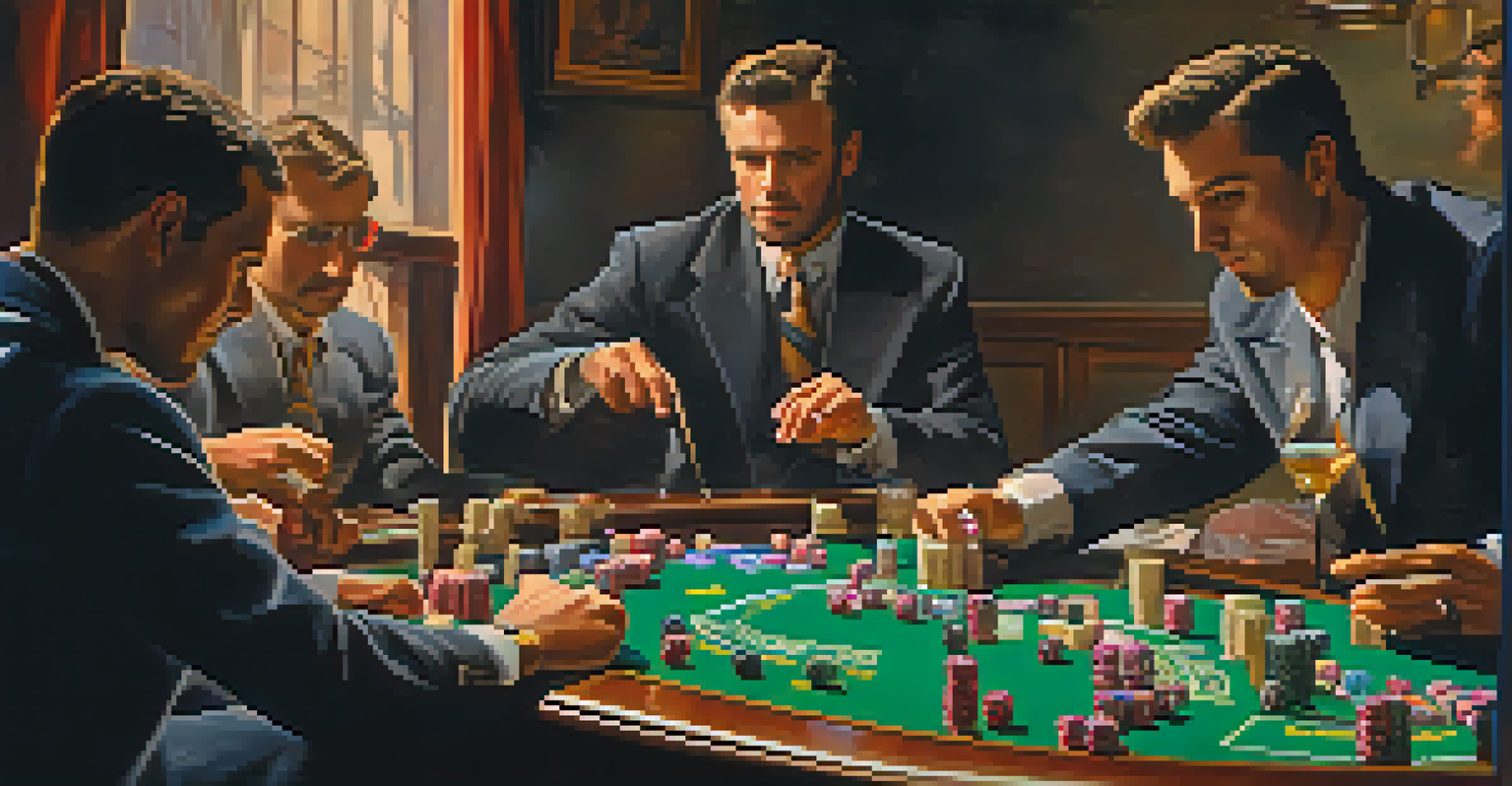 Players engaged in a tense game of Liar's Dice, with hidden dice and colorful betting chips on the table.