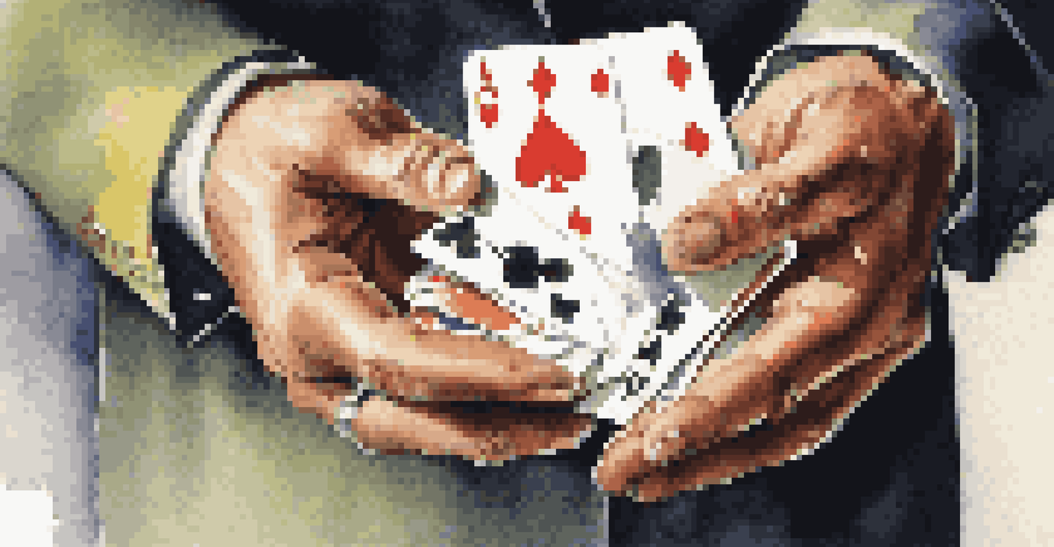 A close-up of a magician's hands performing a card trick with colorful cards fanned out in soft lighting.