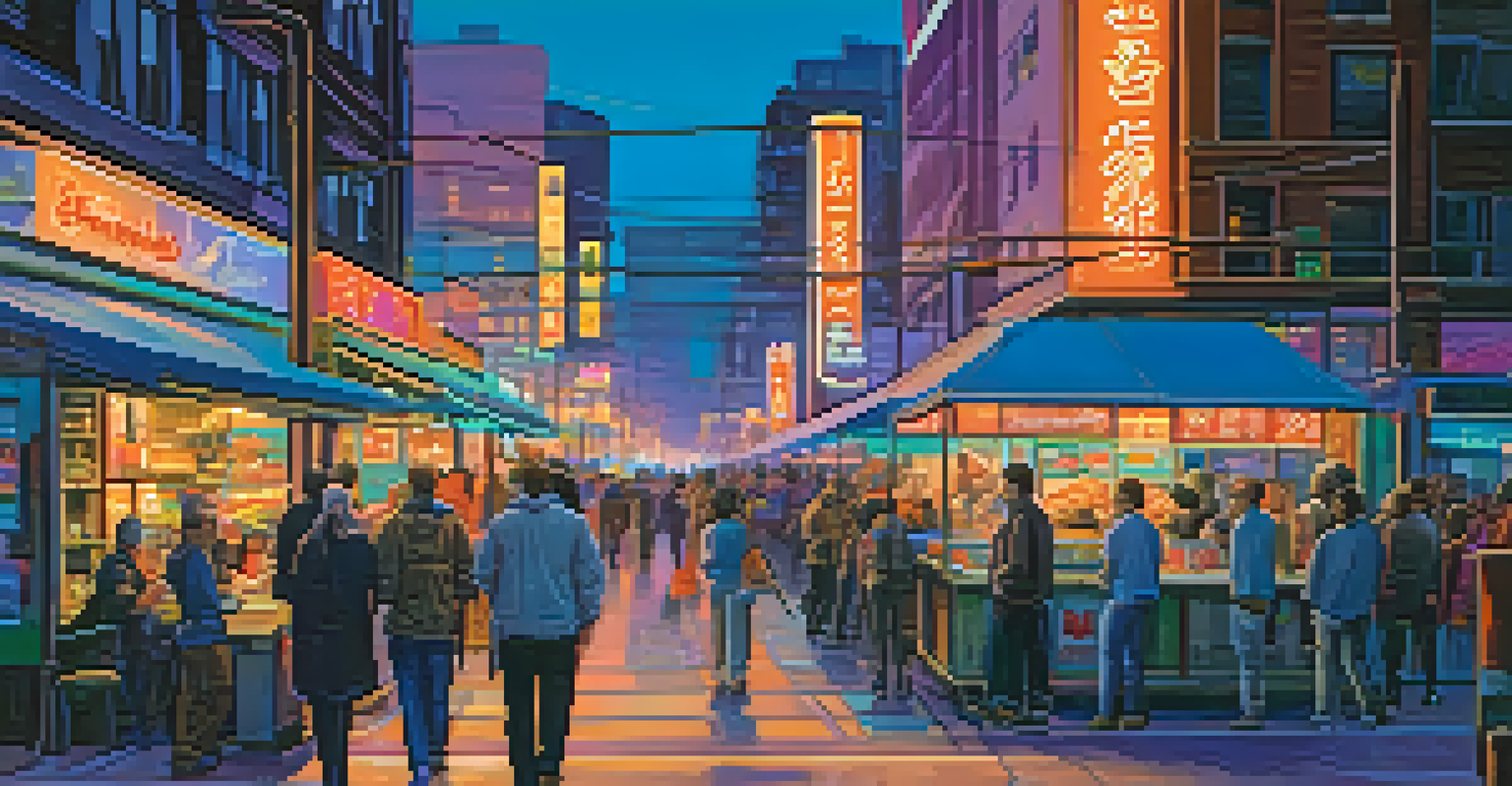 A lively city street at twilight with neon signs and people walking.