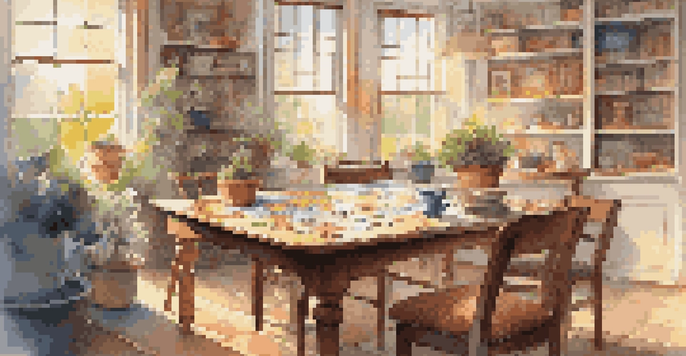 A cozy workspace with a jigsaw puzzle on a wooden table, sunlight coming through a window, and a cup of tea nearby.