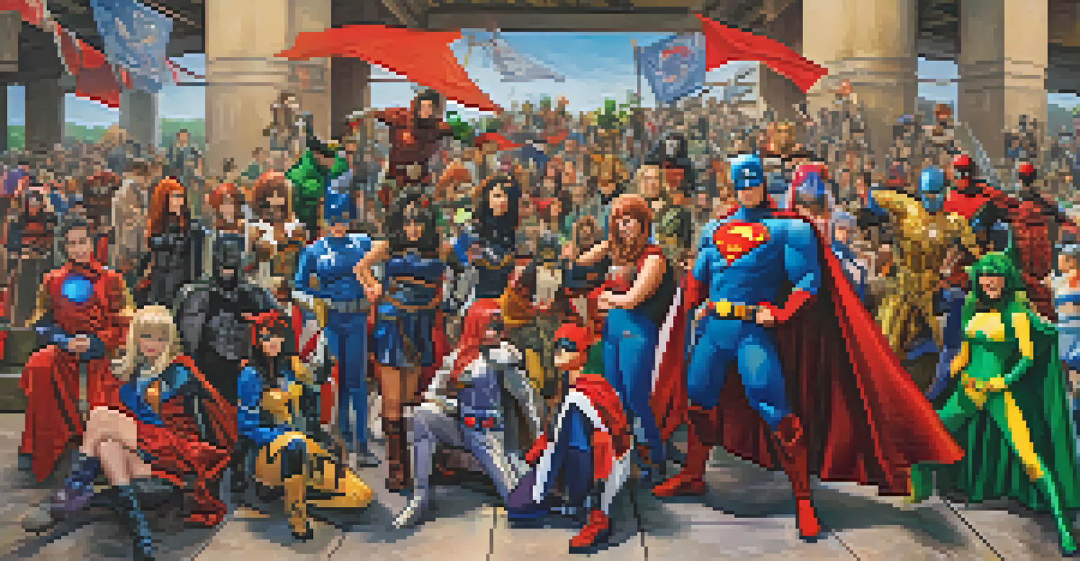 A group of cosplayers in various costumes enjoy a moment together at a convention.