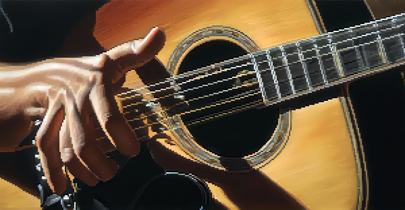 A close-up of a musician's hands playing a guitar, showcasing the textures of the guitar and the musician's fingers.