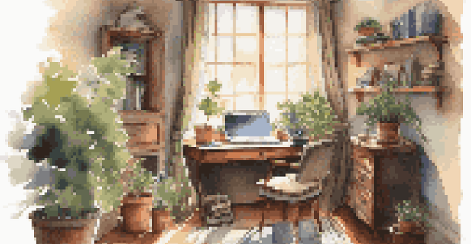 A warm and inviting writing space with a wooden desk, notebooks, and a laptop, illuminated by sunlight from a window.