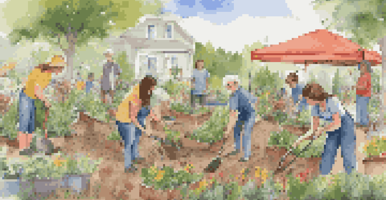 A diverse group of people planting native plants in a community garden, promoting wildlife conservation.
