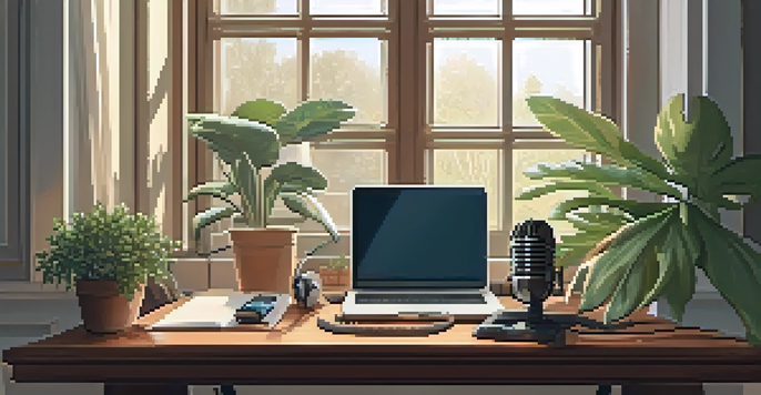 A well-lit home office featuring a wooden desk with a vintage microphone and an open laptop, surrounded by indoor plants.