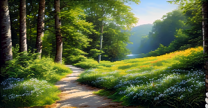 A winding path in a green forest with sunlight filtering through leaves and blooming wildflowers.
