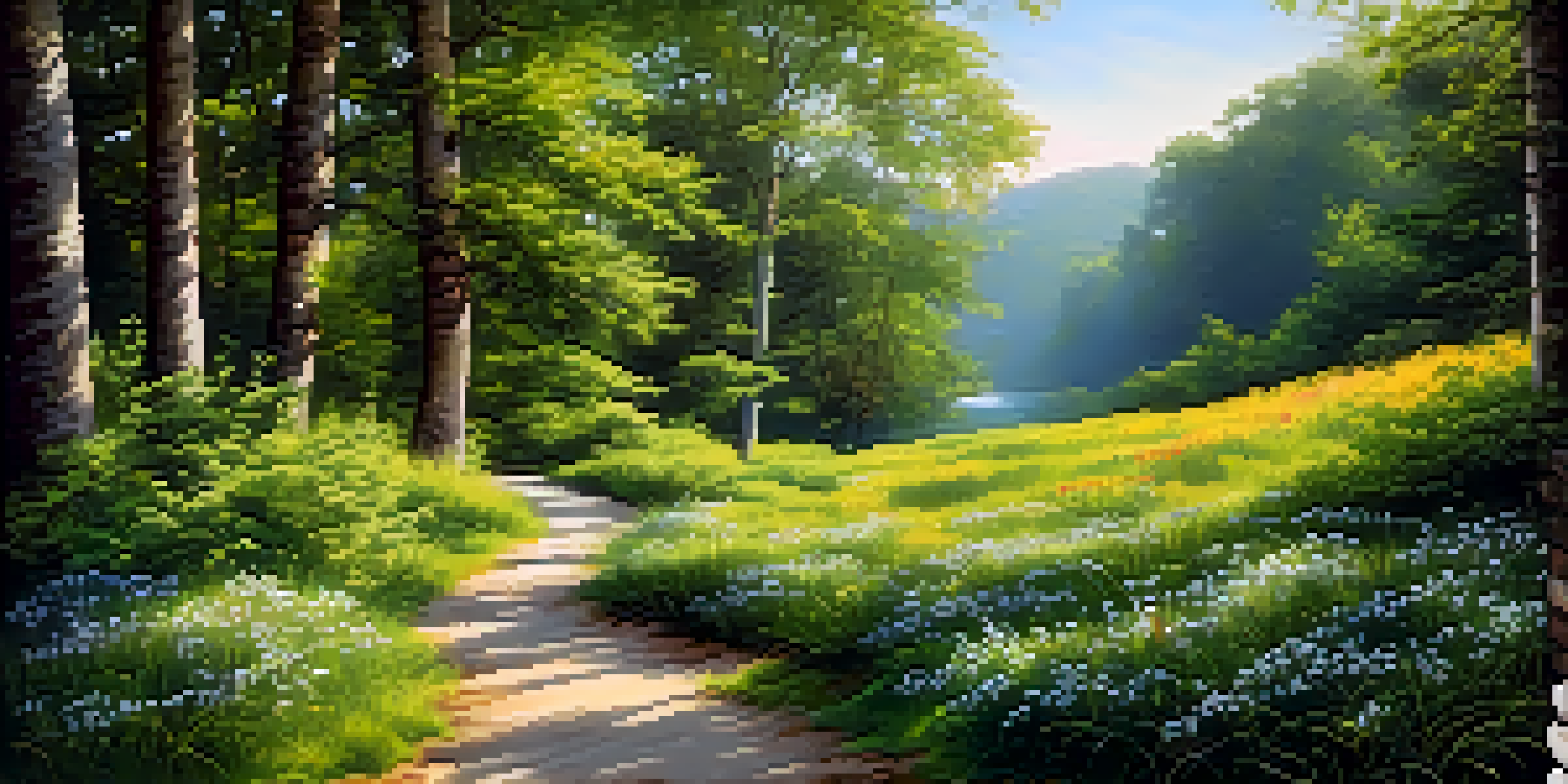 A winding path in a green forest with sunlight filtering through leaves and blooming wildflowers.