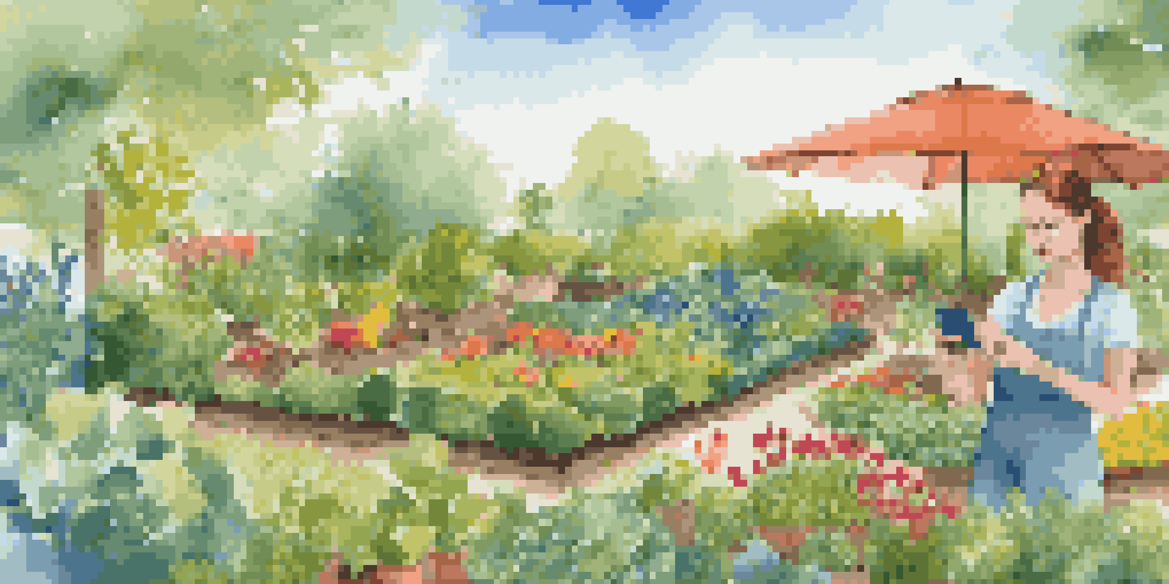 A gardener in a colorful sustainable garden, using a smartphone app to monitor soil conditions, surrounded by various plants under a sunny sky.