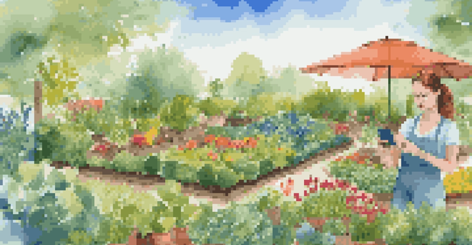 A gardener in a colorful sustainable garden, using a smartphone app to monitor soil conditions, surrounded by various plants under a sunny sky.