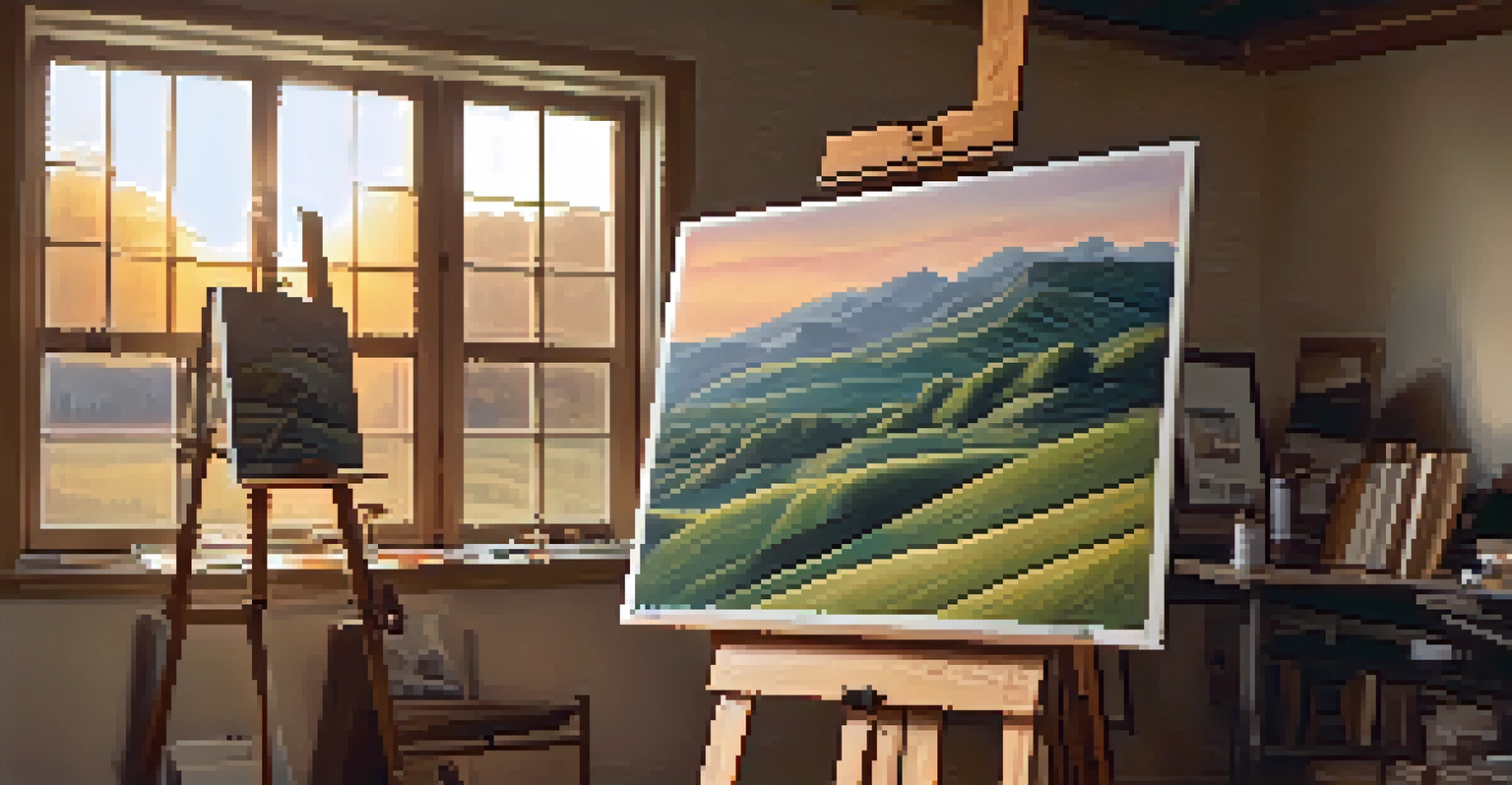 An artist's workspace with an easel showing a landscape artwork and scattered pastel sticks, illuminated by warm sunset light.