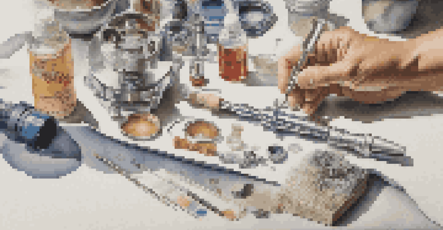 An airbrush disassembled for cleaning, with cleaning tools and solutions on a countertop.