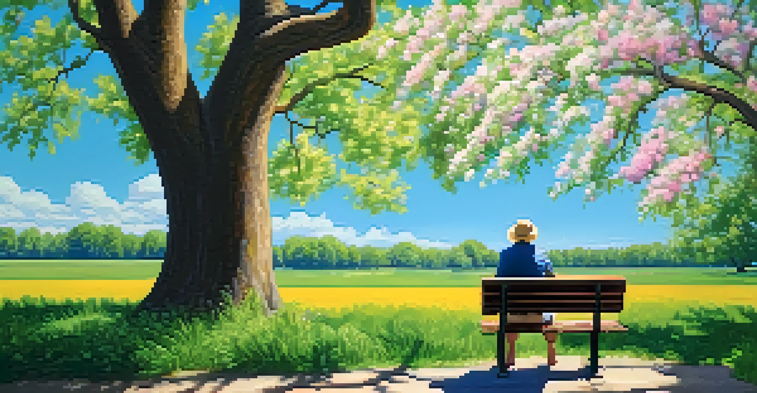 A person on a park bench writing in a notebook, with flowers and trees around them under a clear blue sky.