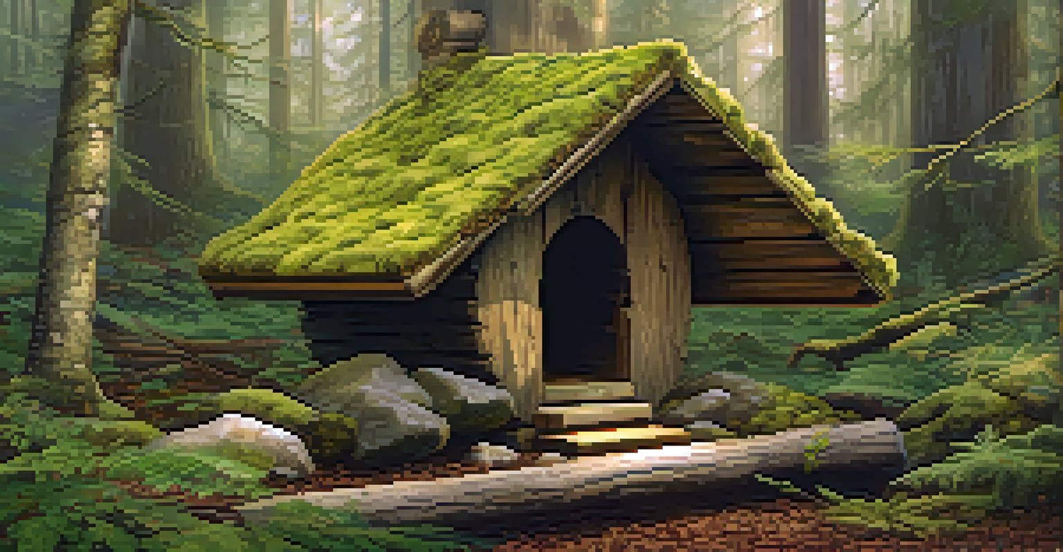 A multi-chamber birdhouse made from logs in a peaceful forest environment.