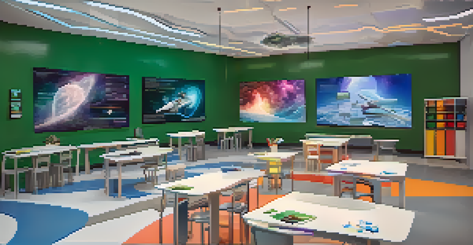 A modern virtual reality classroom with students interacting with holographic educational displays in a bright, colorful environment.