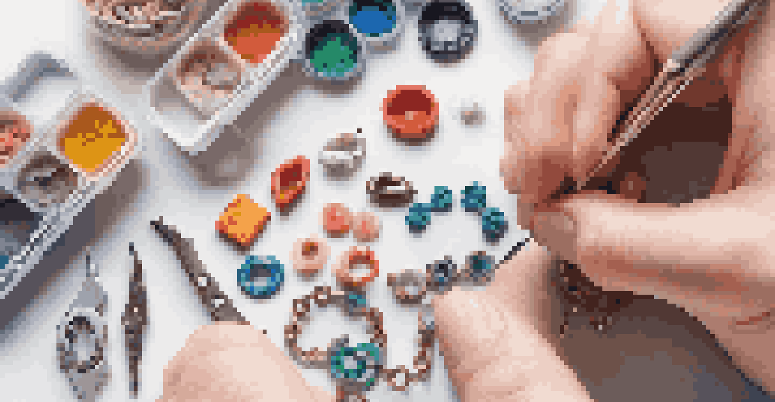 A close-up of hands assembling polymer clay jewelry, highlighting the intricate details and vibrant colors of the pieces.