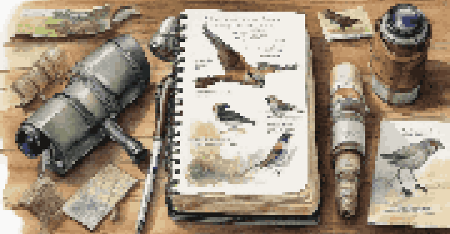 A close-up of a birdwatcher's notebook with sketches and notes, alongside binoculars and a bird field guide on a wooden table.