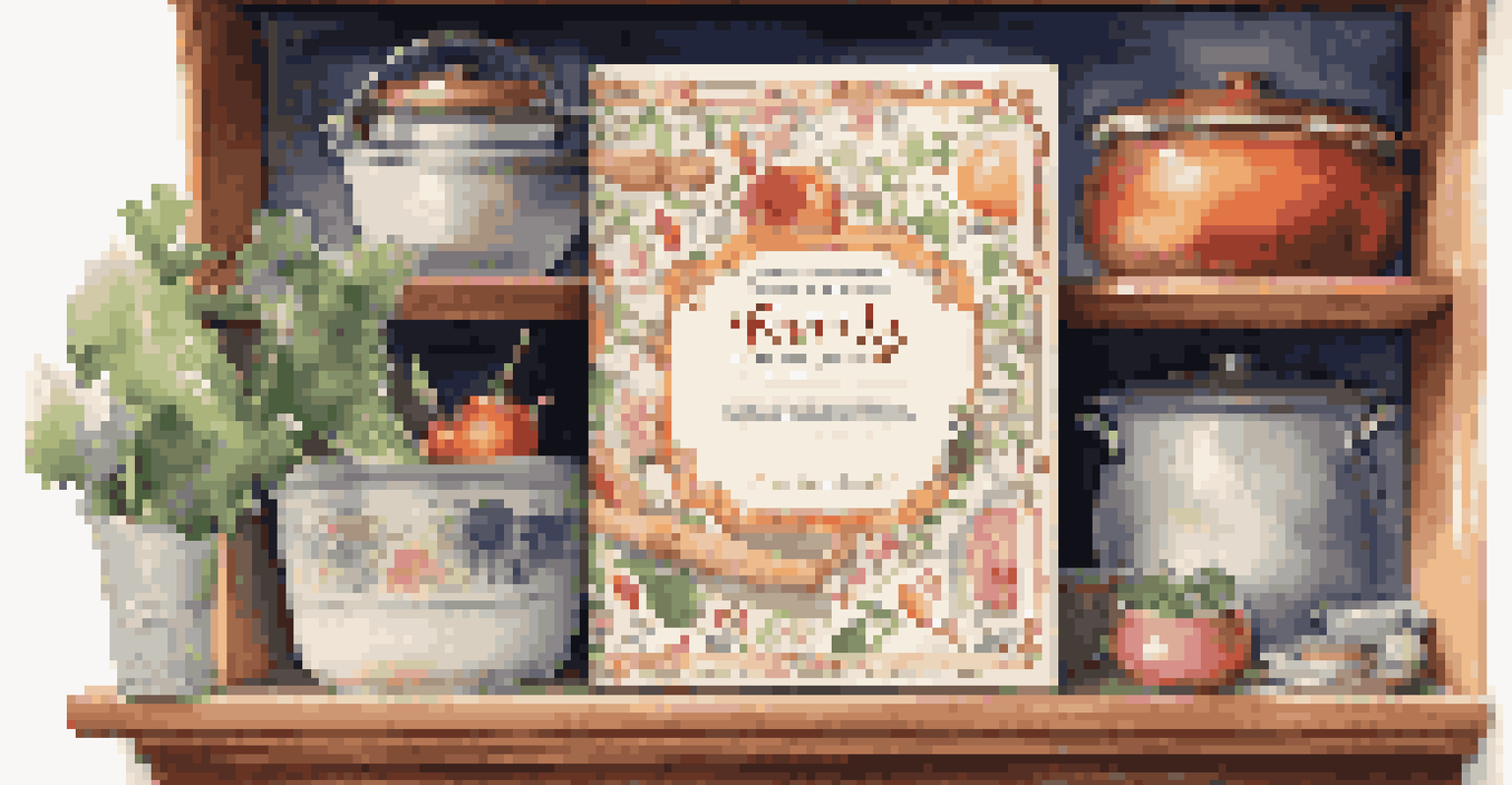 A family cookbook displayed on a shelf with family photos and utensils, highlighting culinary heritage in a cozy setting.