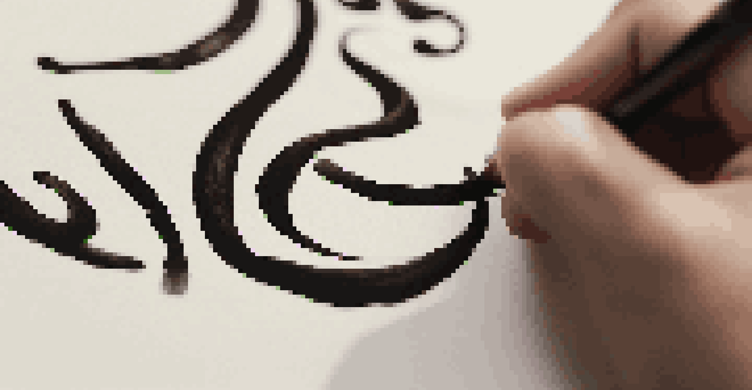 Close-up of a hand practicing Arabic calligraphy on textured paper, showcasing the brush movements and rich black ink.