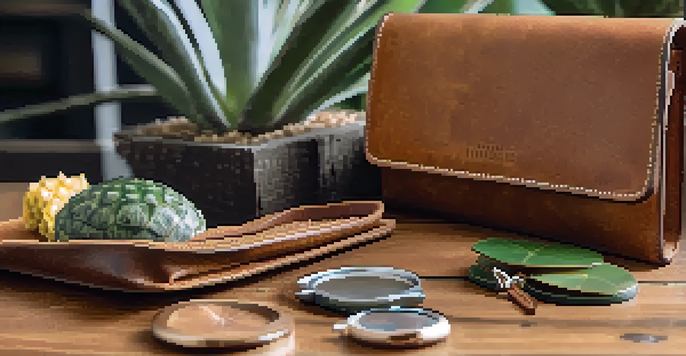 A close-up arrangement of sustainable leather products including a cork wallet, mushroom leather bag, and pineapple leather accessories on a wooden surface with natural lighting.
