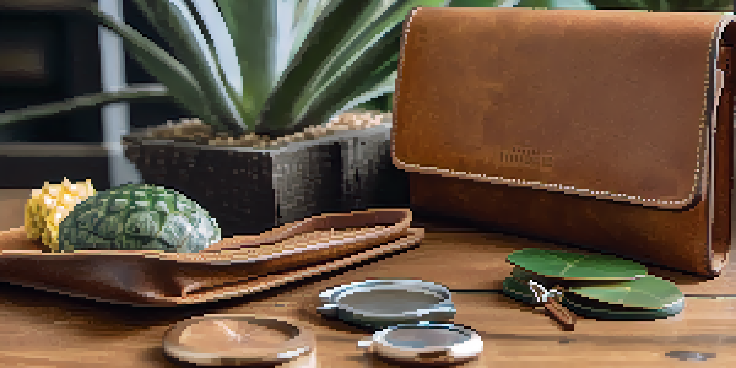 A close-up arrangement of sustainable leather products including a cork wallet, mushroom leather bag, and pineapple leather accessories on a wooden surface with natural lighting.