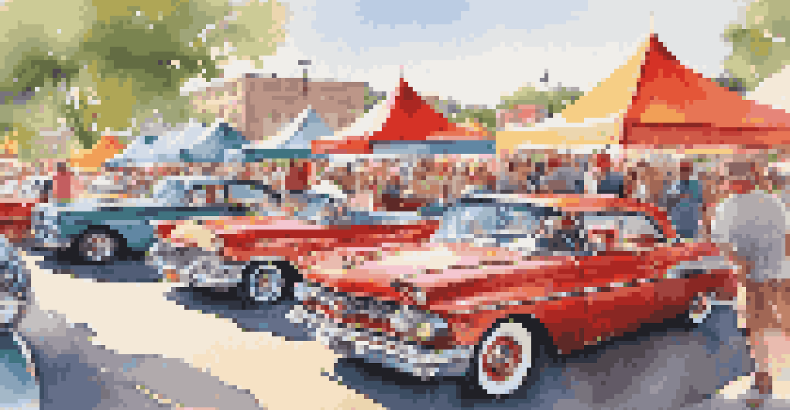 A vibrant classic car show with various vintage cars and enthusiastic attendees.