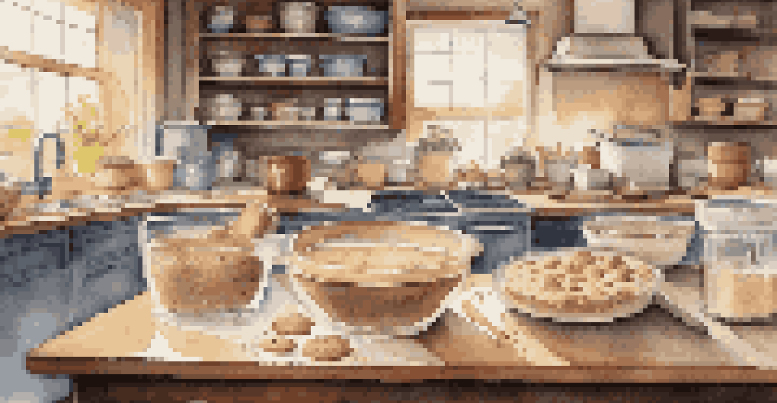 A cozy baking scene with a wooden table covered in baking tools, flour, and freshly baked cookies cooling on a rack, illuminated by warm ambient light.