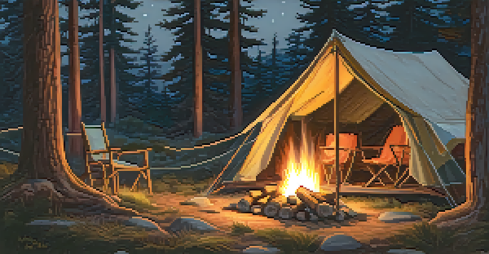 A camping scene with a tent, campfire, and lantern under a starry sky.