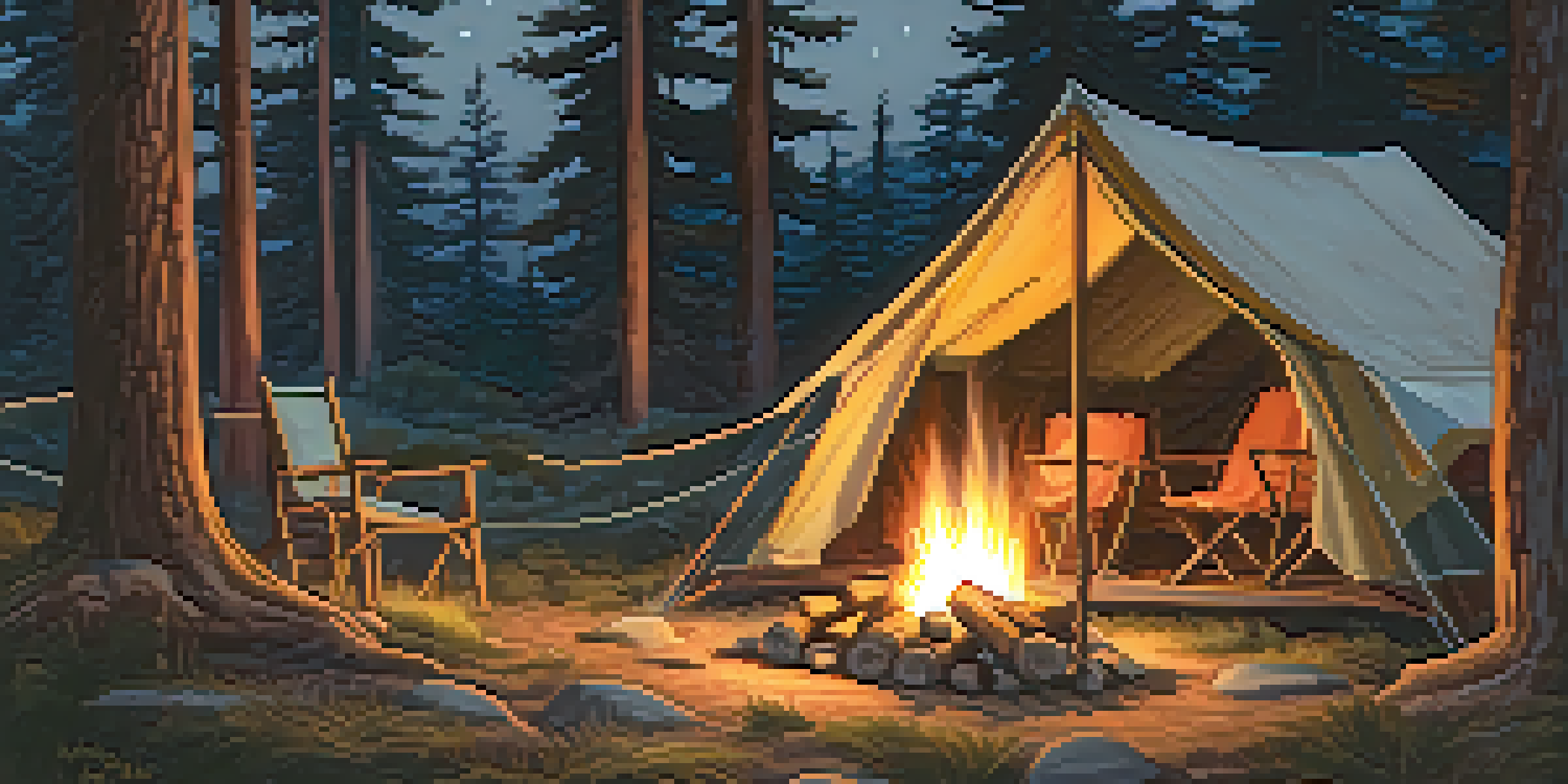 A camping scene with a tent, campfire, and lantern under a starry sky.