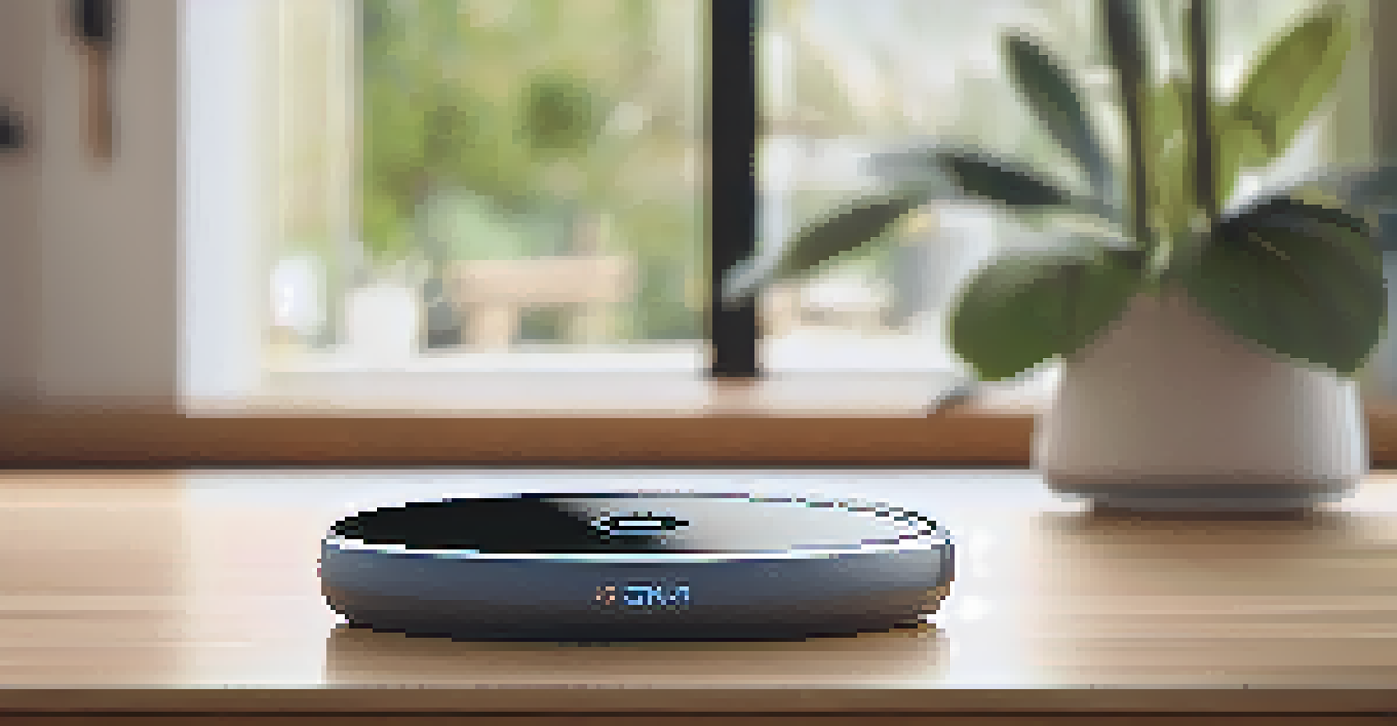 A detailed view of a smart sensor device on a wooden table, with a cozy home environment in the background.
