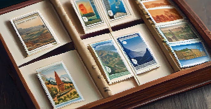 A close-up view of a wooden stamp album opened to show a variety of colorful stamps from different countries, illuminated by soft natural light.