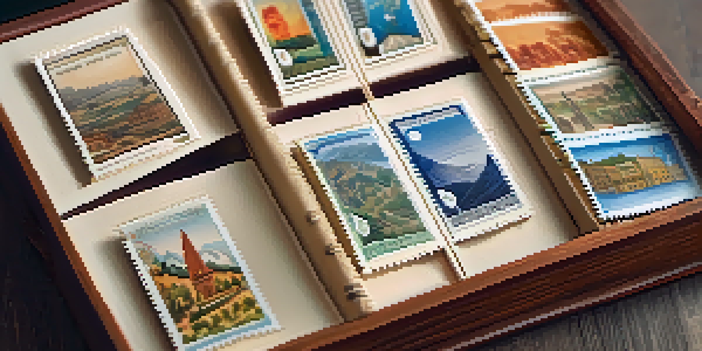 A close-up view of a wooden stamp album opened to show a variety of colorful stamps from different countries, illuminated by soft natural light.