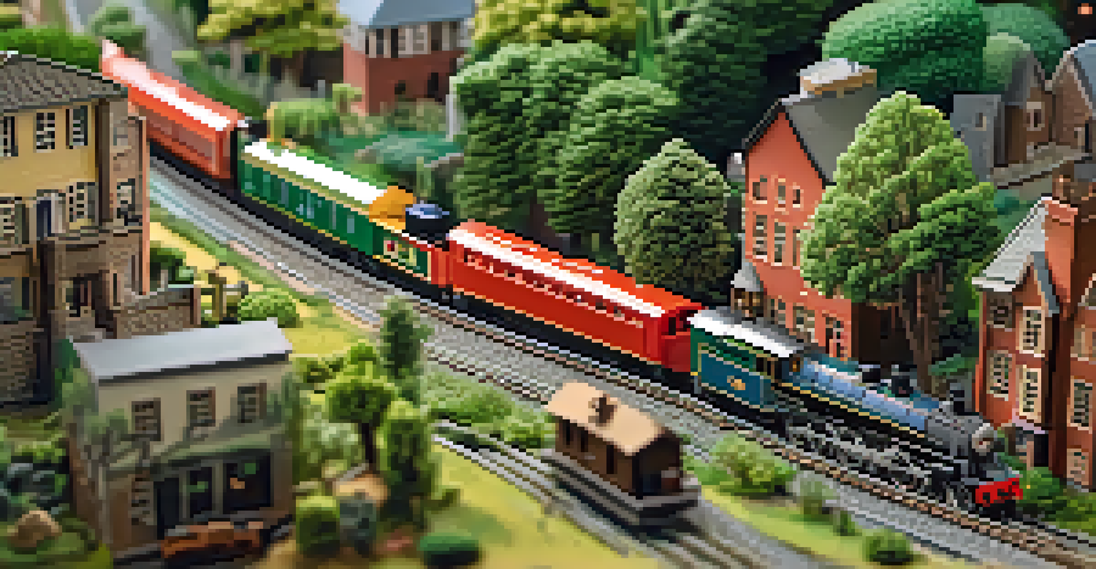 A close-up view of a detailed model train layout with tiny figures, lush greenery, and intricate buildings, illuminated to enhance the vibrant colors.