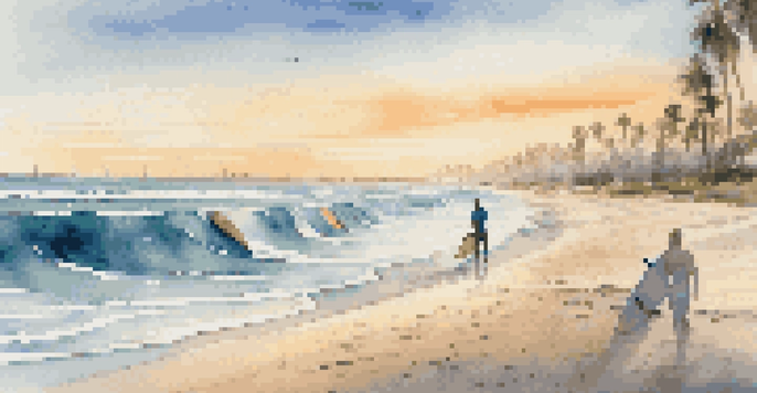 A colorful array of surfboards on a sandy beach during sunrise, with gentle ocean waves and palm trees in the background.