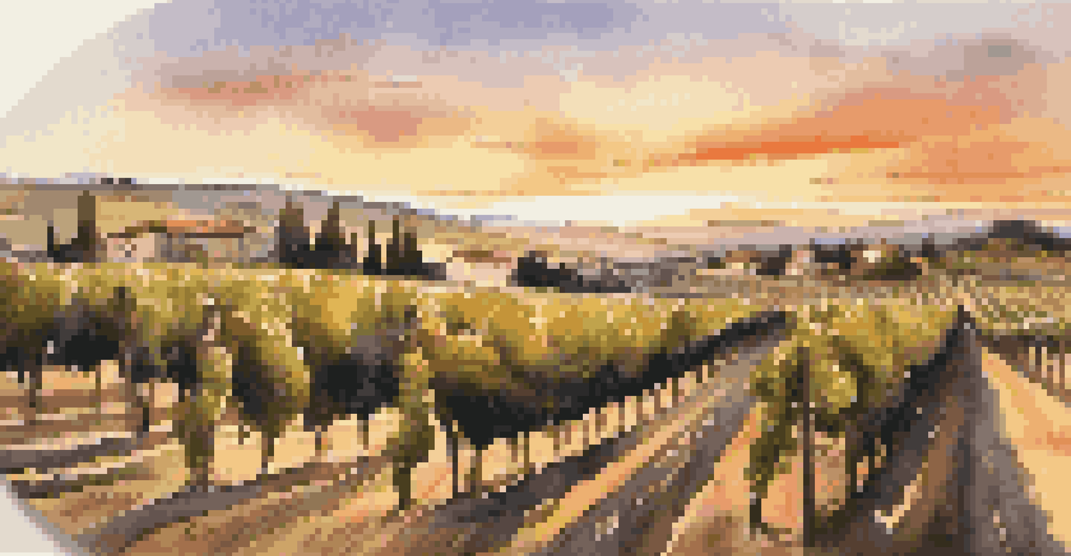 A scenic vineyard at sunset with a table displaying a bottle of Port, a glass of Sherry, and a plate of cheeses, creating a warm and inviting atmosphere.