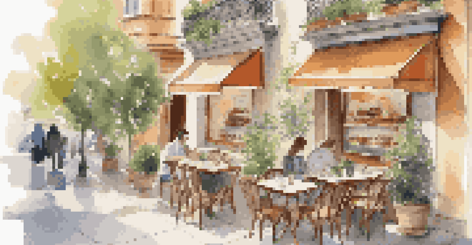 A travel blogger at a café table with a laptop, pastries, and juice, surrounded by a lively street scene and potted plants, creating a warm atmosphere.