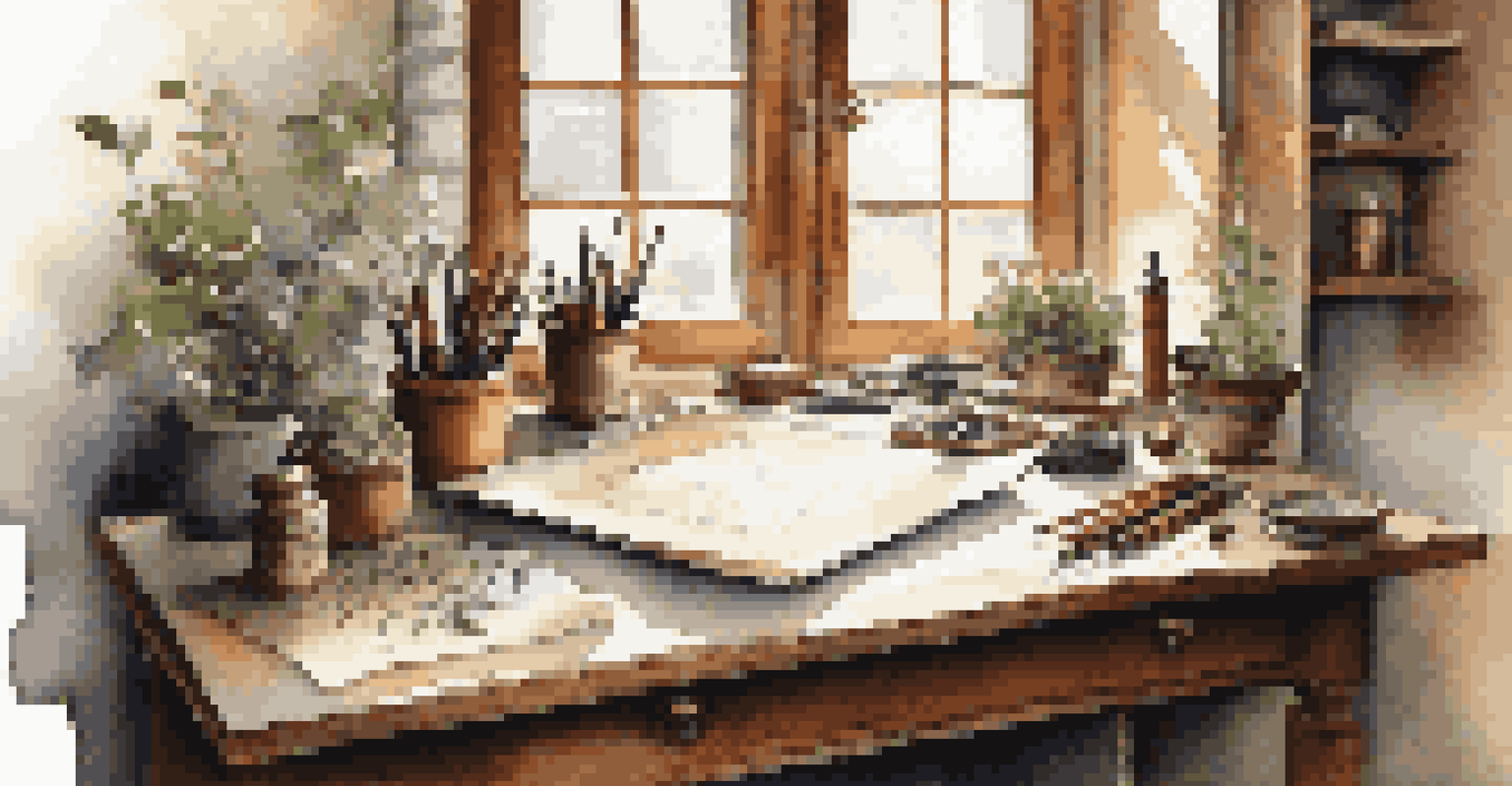 A wooden desk with calligraphy tools, ink, and parchment, illuminated by natural light from a window.