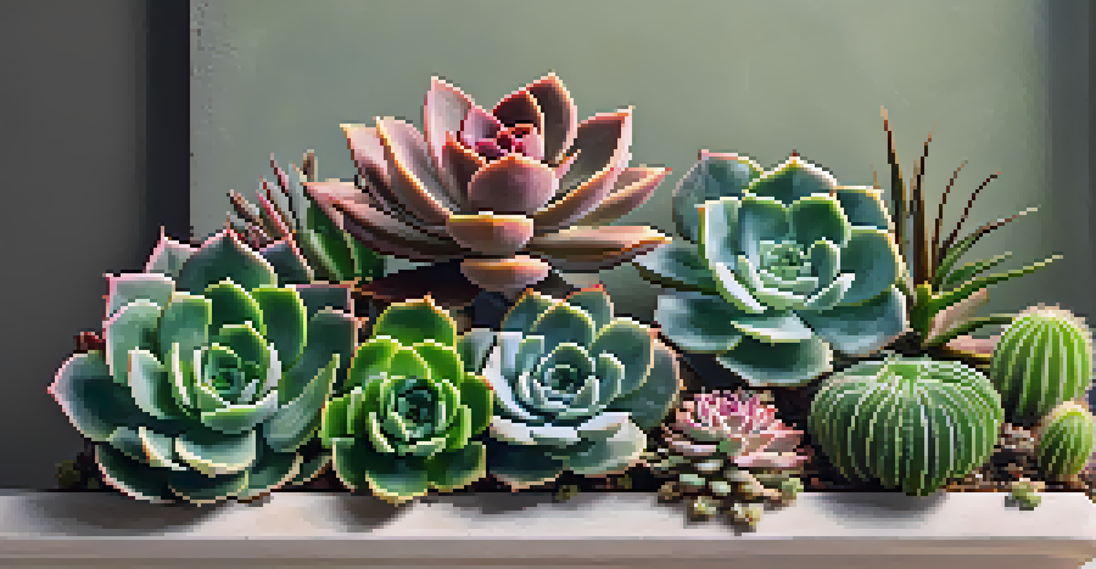 A close-up of various succulent plants in a vertical planter, showcasing their intricate textures and colors against a neutral wall.