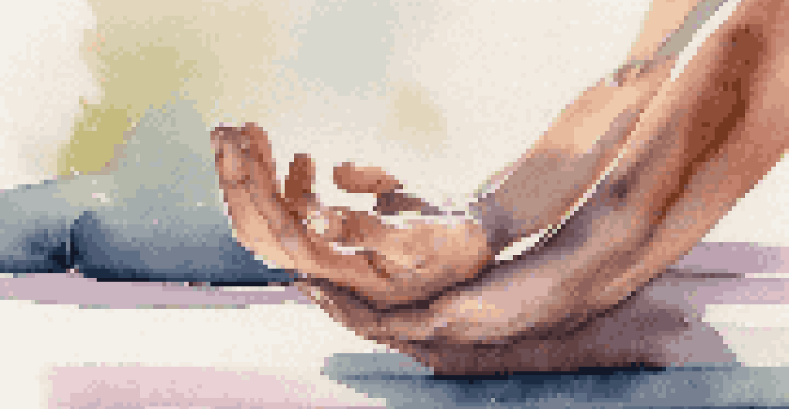A close-up of hands in a meditative position on a yoga mat, symbolizing mindfulness.