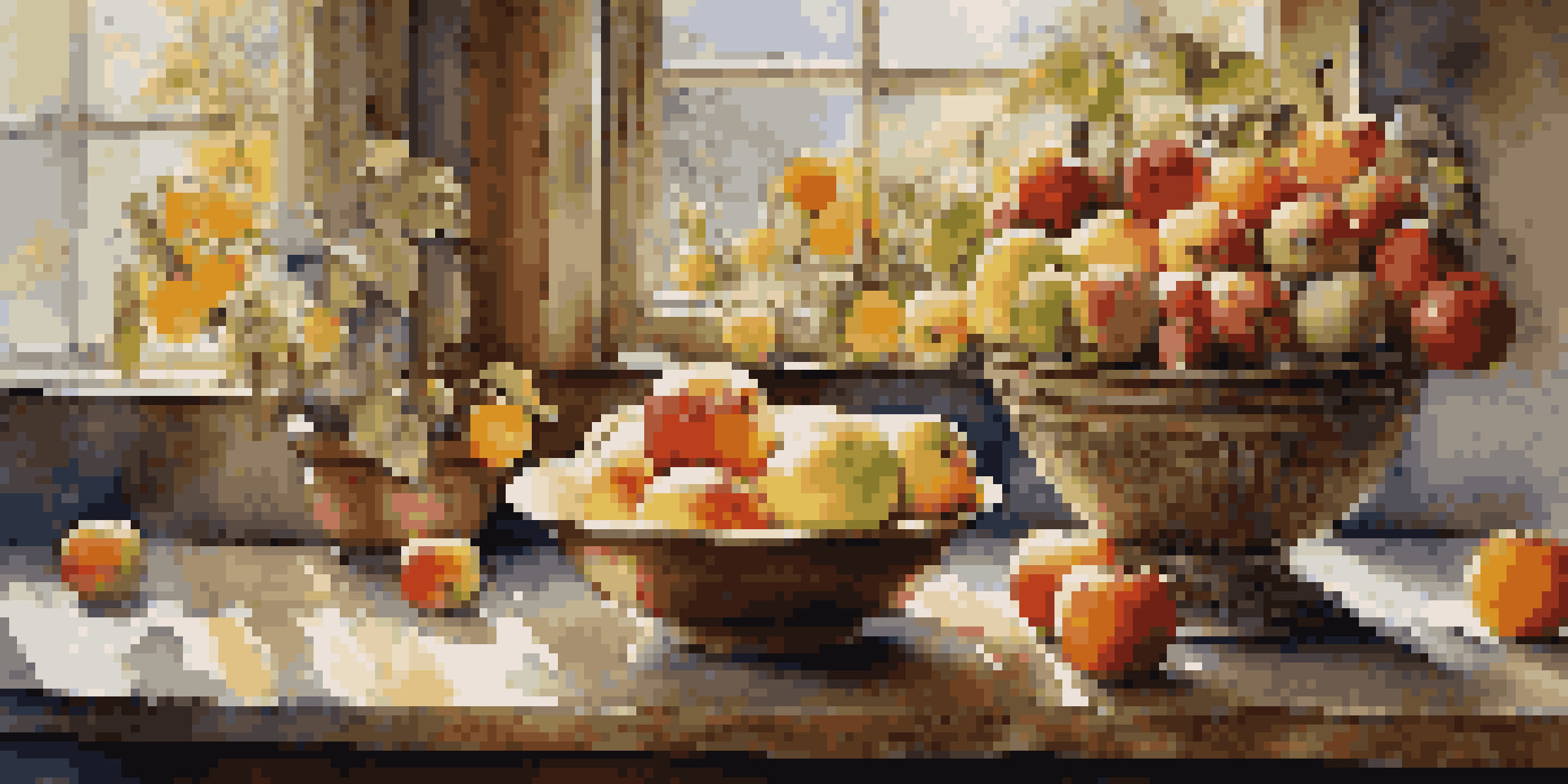 A still life composition of colorful fruits on a wooden table with sunlight casting shadows, and a vase of wildflowers nearby.