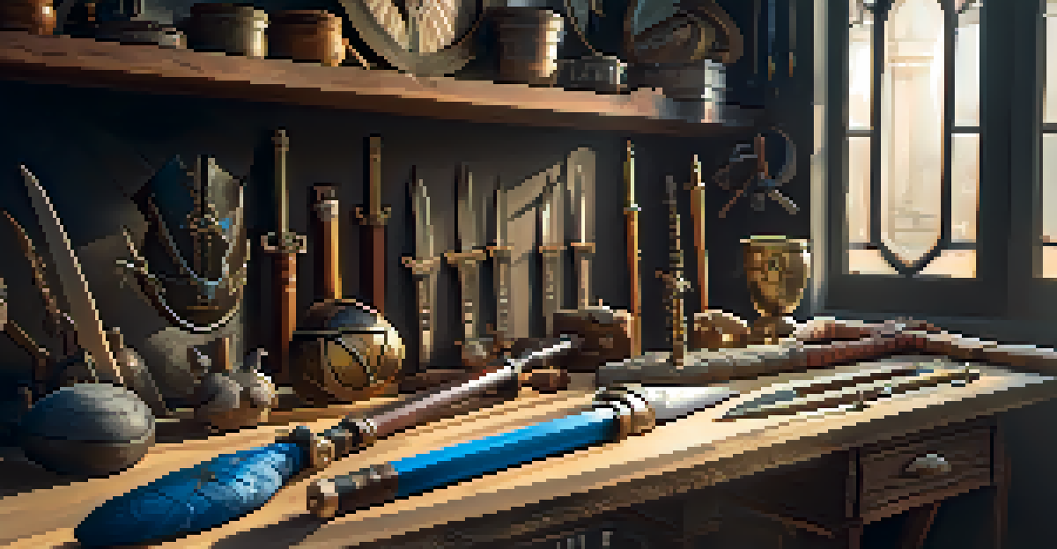 A workbench displaying handmade cosplay props like a sword and shield, with crafting materials and natural light casting soft shadows.