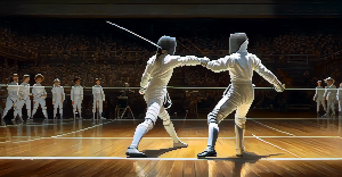 Two fencers in white uniforms facing off in an indoor arena, with bright lights and a blurred audience in the background.