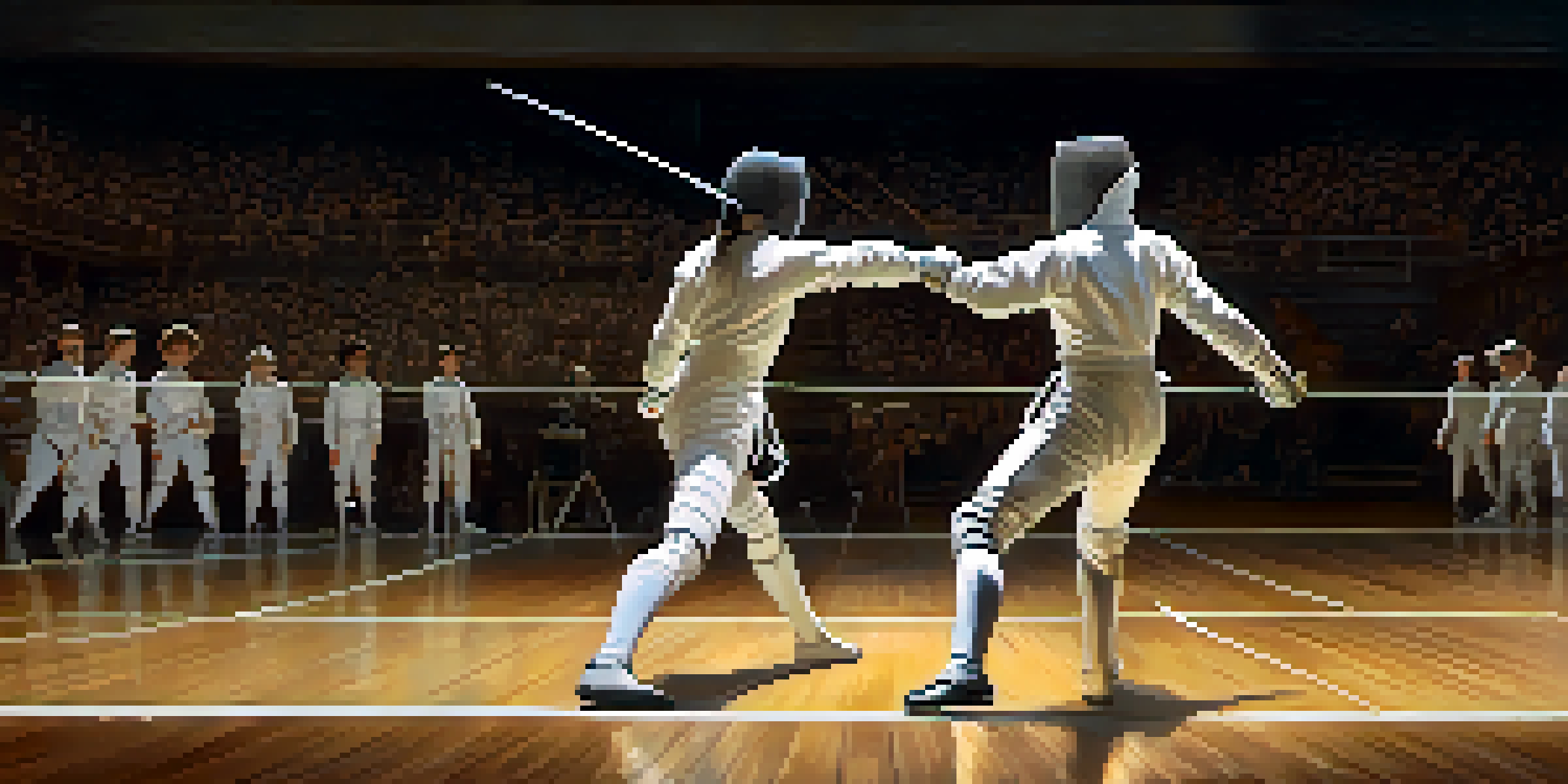 Two fencers in white uniforms facing off in an indoor arena, with bright lights and a blurred audience in the background.