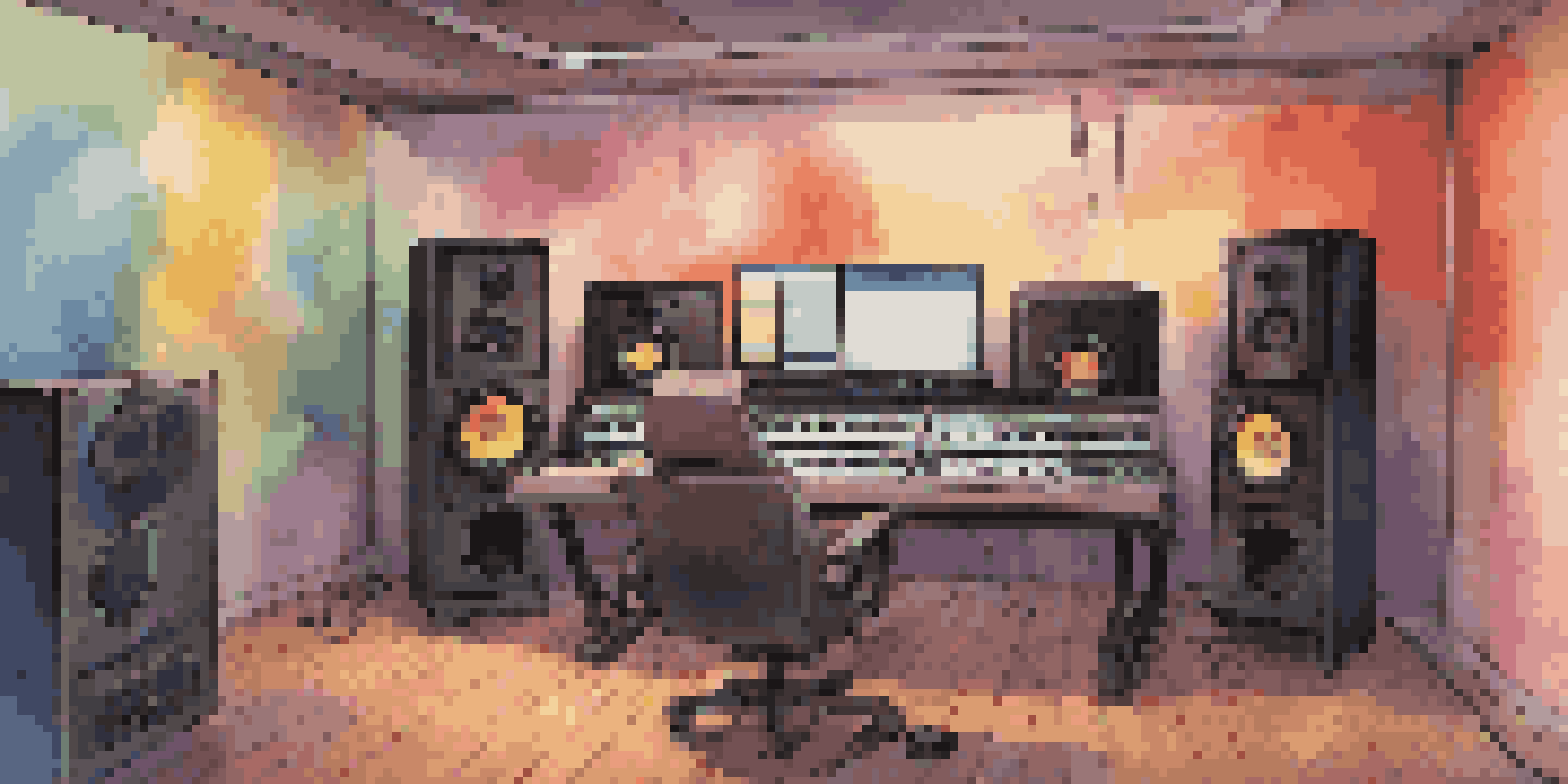 A voice actor in a cozy recording studio, passionately expressing emotions into a microphone, surrounded by colorful sound waves and acoustic panels.