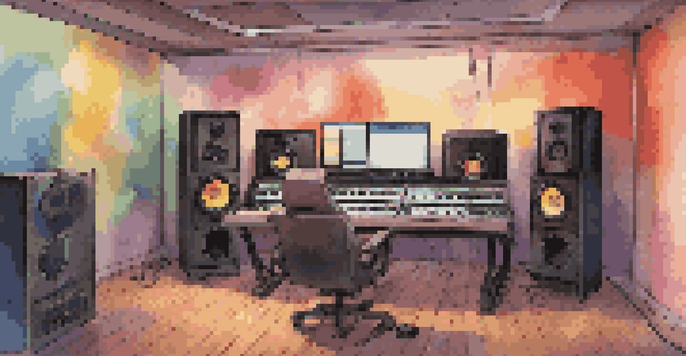 A voice actor in a cozy recording studio, passionately expressing emotions into a microphone, surrounded by colorful sound waves and acoustic panels.