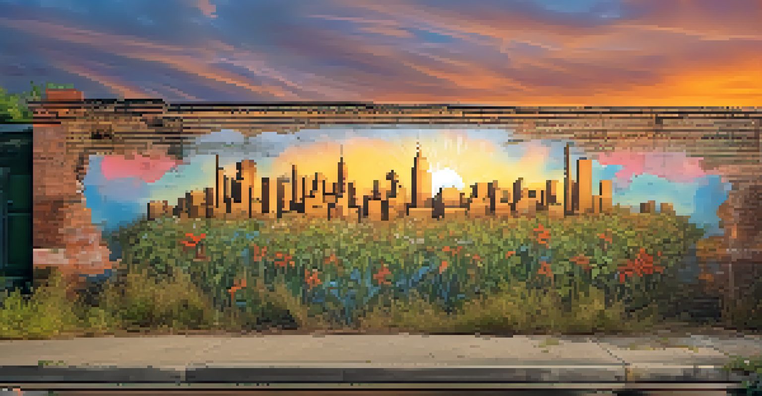 A colorful urban street art mural on a crumbling brick wall, with overgrown weeds and a setting sun casting a golden glow over the scene.