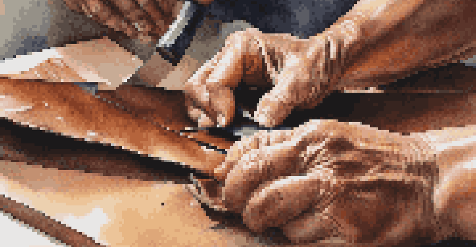 A close-up of hands cutting leather with a rotary cutter, showcasing the details of the craft.