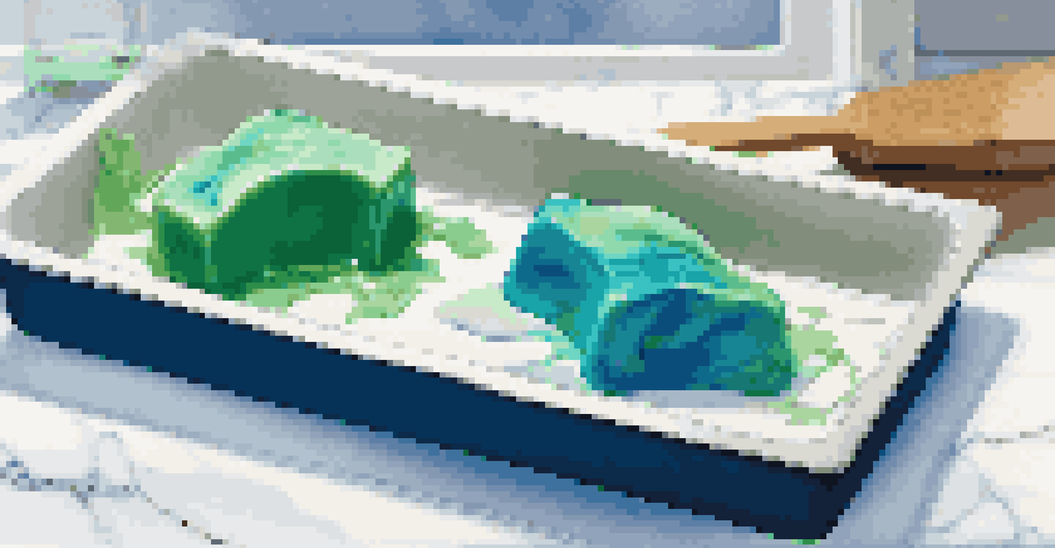 A close-up of a silicone soap mold filled with blue and green swirling soap, with soap-making tools visible in the background.